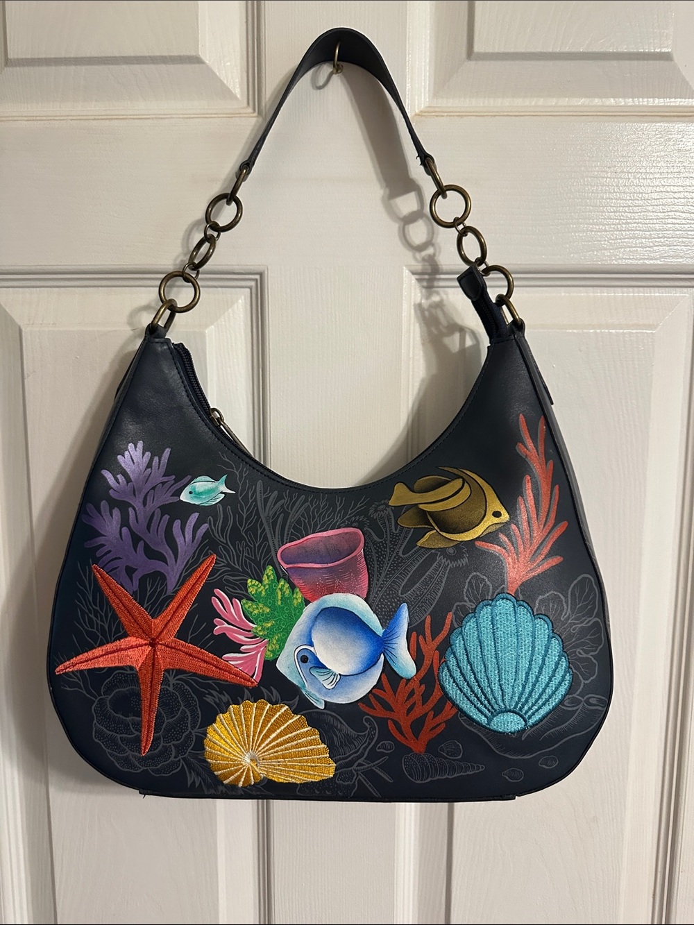Anuschka Navy Shoulder Bag with Colorful Ocean Motifs